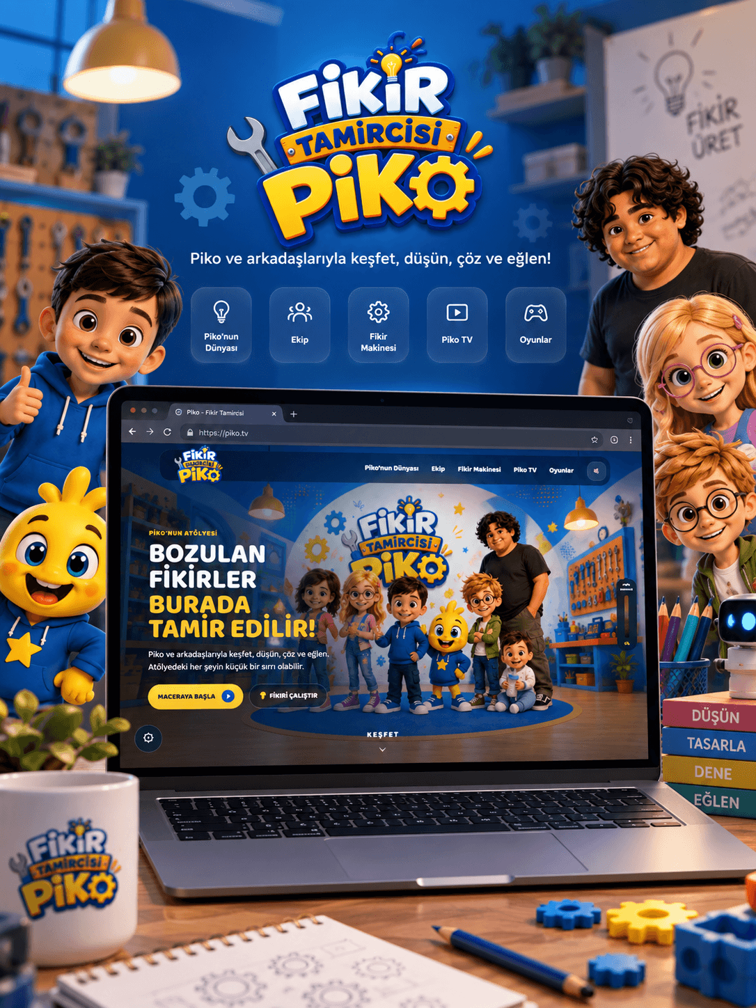 Fikir Tamircisi Piko için geliştirilen interaktif çocuk evreni, oyun ve hikâye odaklı web deneyimi.