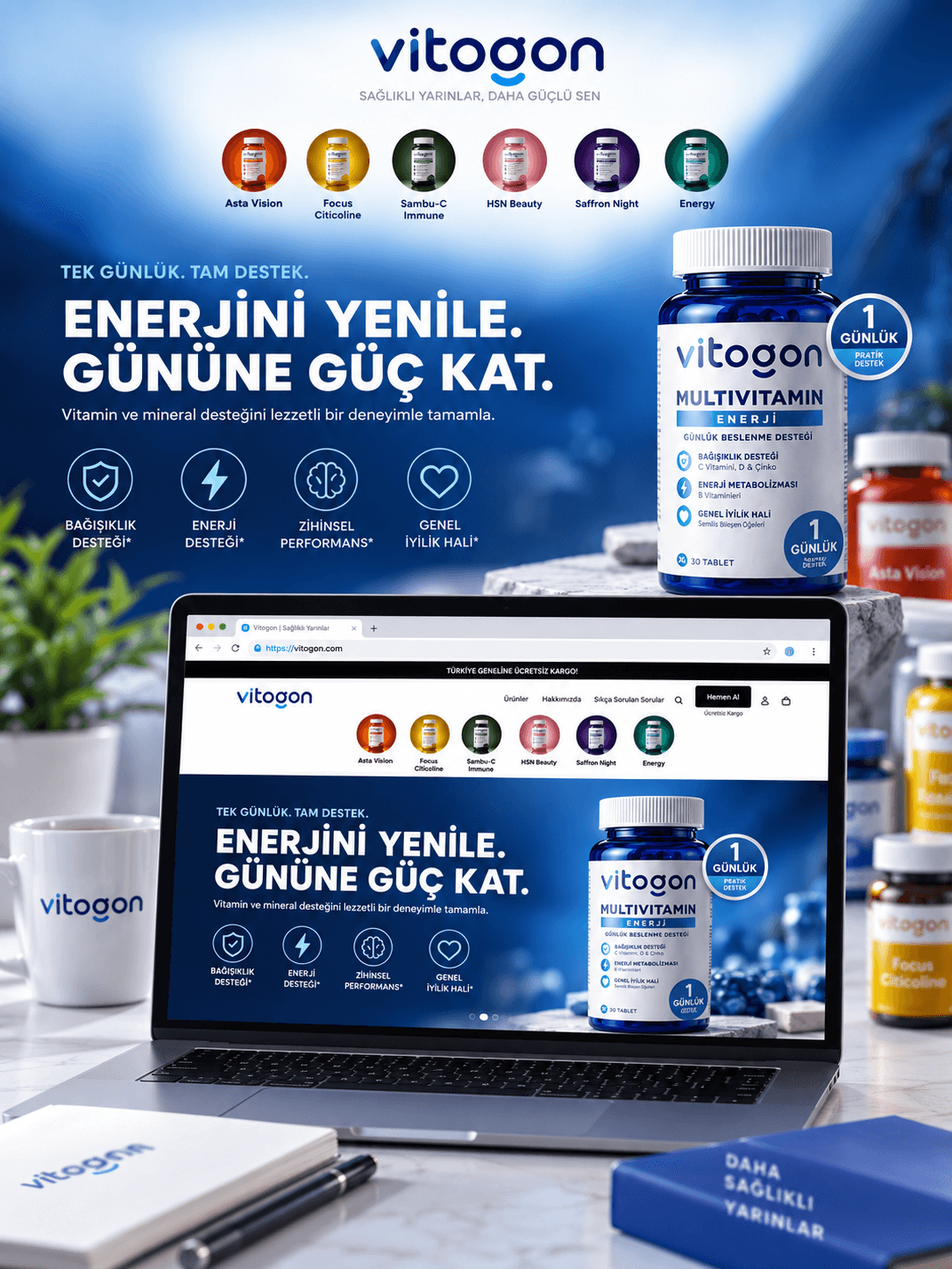 Vitogon için geliştirilen ürün kimliği, ambalaj tasarım sistemi ve Shopify e-ticaret deneyimi.