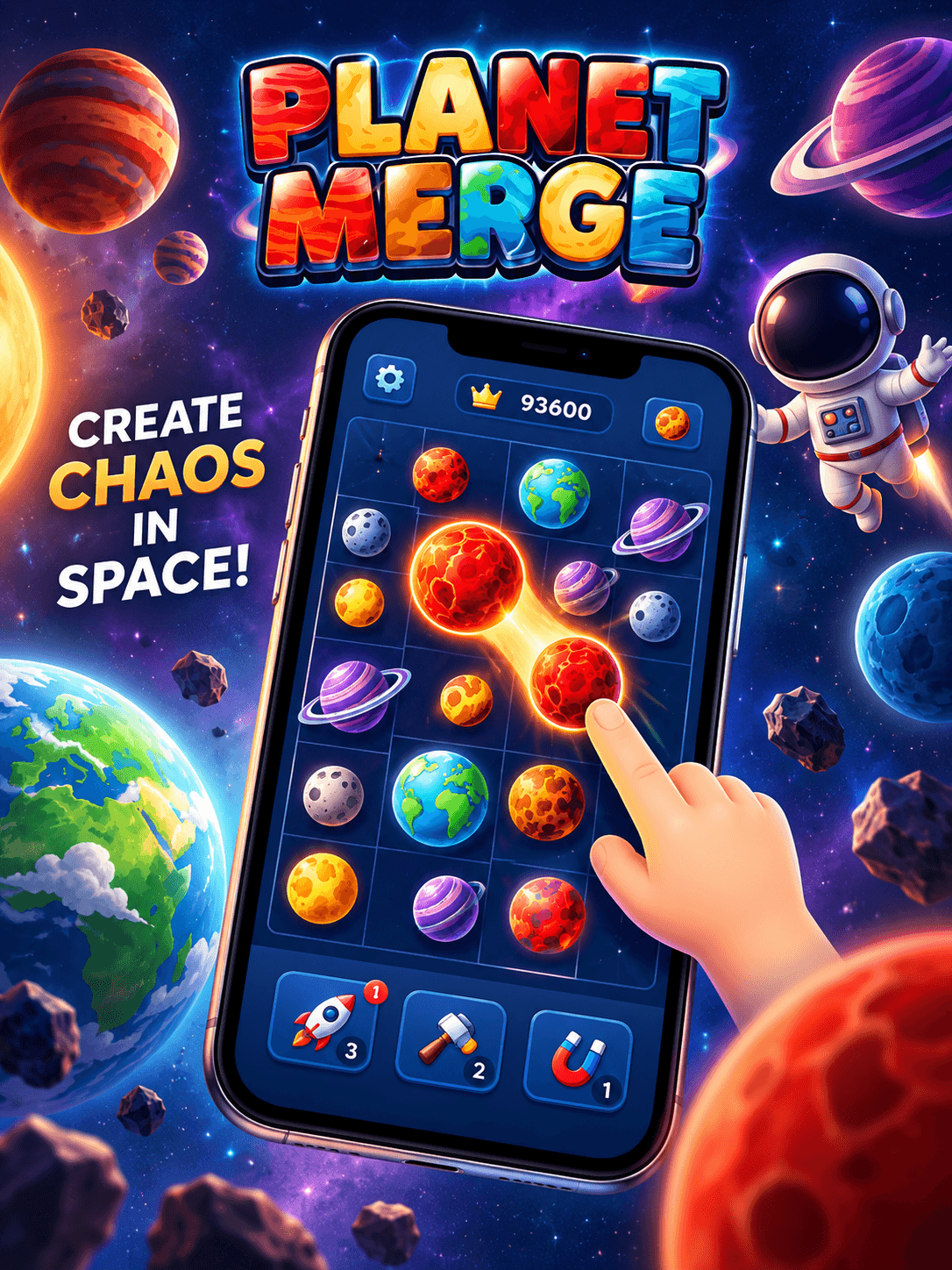 Planet Merge için geliştirilen oyun mekaniği, arayüz, grafik tasarım ve mobil oyun deneyimi.